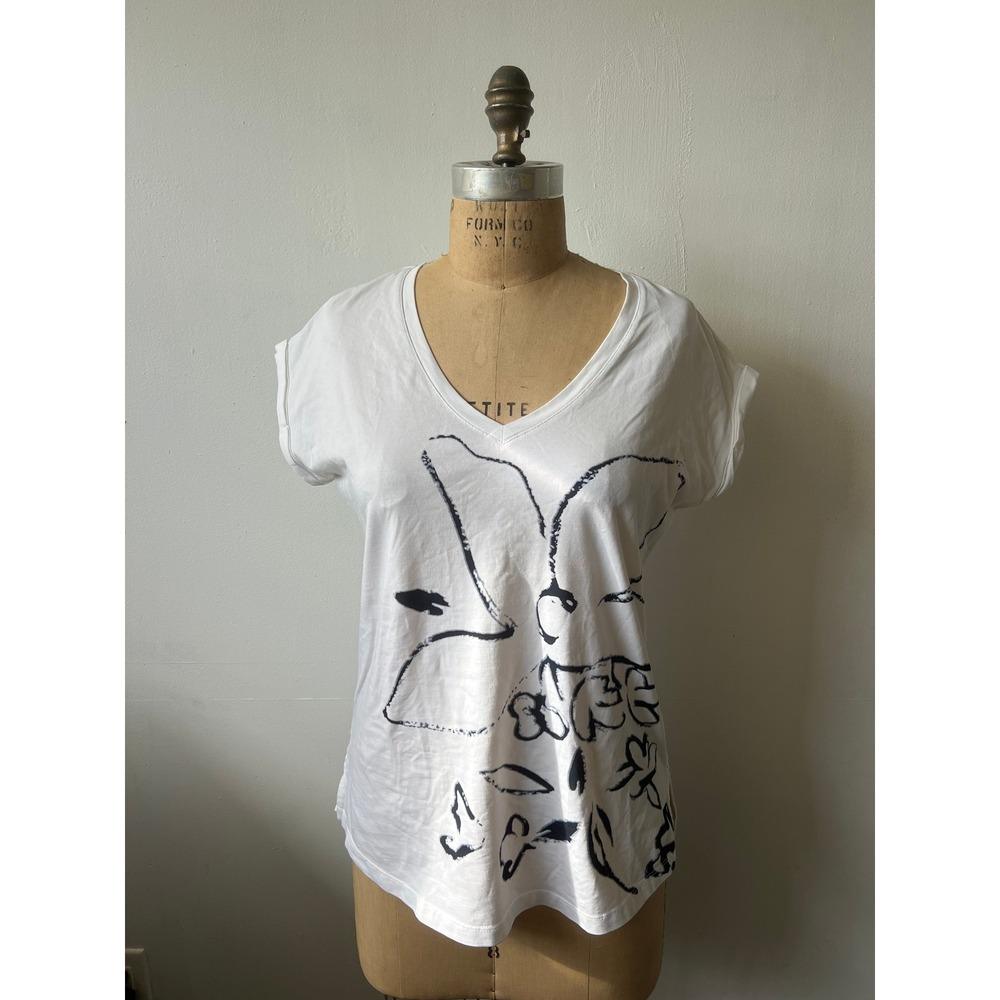 NZT Nic + Zoe Womens White Black Abstract Floral Graphic V-Neck Tee Shirt Small